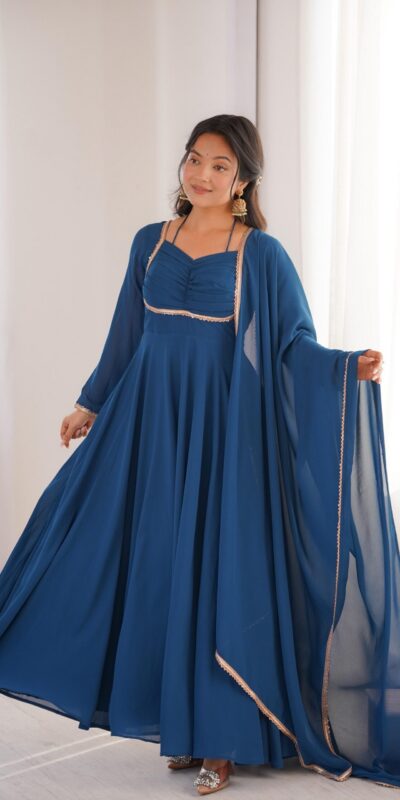 KB 291 Teal Color Fox Blooming Georgette Gown with Lace Work. Affordable Price ₹1899. Delivery 4-6 Working Days. Shop now. | Gowns, Bollywood Gowns, Creative Gowns, Designer Gowns, Embroidered Gowns, Party Wear Gowns