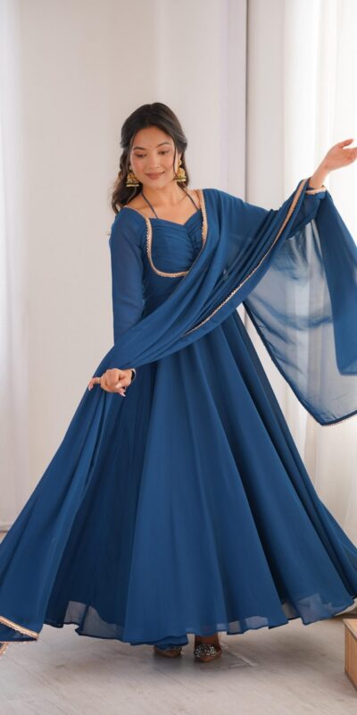 KB 291 Teal Color Fox Blooming Georgette Gown with Lace Work. Affordable Price ₹1899. Delivery 4-6 Working Days. Shop now. | Gowns, Bollywood Gowns, Creative Gowns, Designer Gowns, Embroidered Gowns, Party Wear Gowns