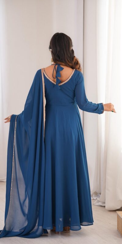 KB 291 Teal Color Fox Blooming Georgette Gown with Lace Work. Affordable Price ₹1899. Delivery 4-6 Working Days. Shop now. | Gowns, Bollywood Gowns, Creative Gowns, Designer Gowns, Embroidered Gowns, Party Wear Gowns