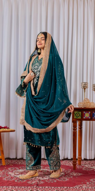 AD 134 Teal Color Heavy Pure Viscose Velvet Embroidery Sharara Suit Wedding, Party, Festive, Events Etc. Expected Delivery 4-6 Working Days @2099/- | Jump Suits, Salwar suit, Casual Suits, Creative suits, Designer Suits, Palazzo Suits, Party Wear Suits, Patiala Suits, Straight Suits