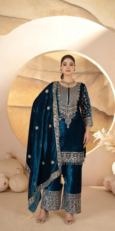NF 1231 Teal Viscose Velvet Salwar Suit. Perfect for Wedding, Party, Traditional Day, Baisakhi, Eid – Available at ₹2399 only. Delivery 4-6 Workin | Jump Suits, Salwar suit, Casual Suits, Creative suits, Designer Suits, Palazzo Suits, Party Wear Suits, Patiala Suits, Straight Suits