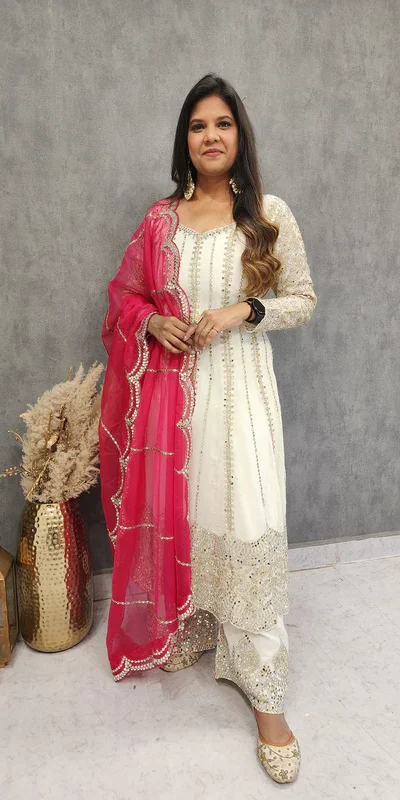 KD 1521 White Faux Georgette Salwar Suit Perfect for Wedding, Party, Pooja, Reception, Engagement – . Introductory Price ₹2099. Delivery 4-6 Working D | Jump Suits, Salwar suit, Casual Suits, Creative suits, Designer Suits, Palazzo Suits, Party Wear Suits, Patiala Suits, Straight Suits