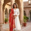 White Roman Silk Digital Print Lace Work Gown