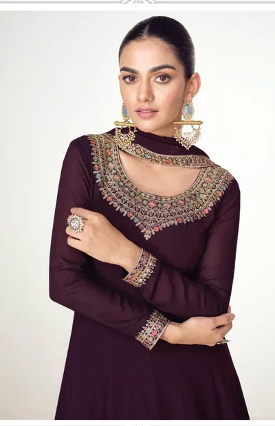₹3449 | FC 10128 Wine Color Blooming Georgette Embroidery Work Salwar Suit . Introductory Price ₹3449. Delivery 4-6 Working Days. Shop now. | Jump Suits, Salwar suit, Casual Suits, Creative suits, Designer Suits, Palazzo Suits, Party Wear Suits, Patiala Suits, Straight Suits