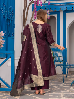 MF 111 Wine Chanderi Jacquard Salwar Suit with Zari Work. Best Price ₹1499. Wedding, Party, Festive, Events Delivery 4-6 Working Days. Shop now. | Jump Suits, Salwar suit, Casual Suits, Creative suits, Designer Suits, Palazzo Suits, Party Wear Suits, Patiala Suits, Straight Suits