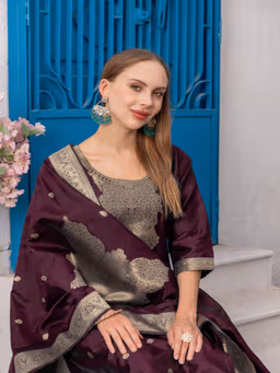 MF 111 Wine Chanderi Jacquard Salwar Suit with Zari Work. Best Price ₹1499. Wedding, Party, Festive, Events Delivery 4-6 Working Days. Shop now. | Jump Suits, Salwar suit, Casual Suits, Creative suits, Designer Suits, Palazzo Suits, Party Wear Suits, Patiala Suits, Straight Suits