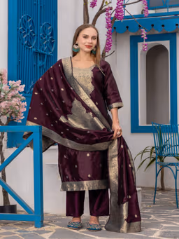 MF 111 Wine Chanderi Jacquard Salwar Suit with Zari Work. Best Price ₹1499. Wedding, Party, Festive, Events Delivery 4-6 Working Days. Shop now. | Jump Suits, Salwar suit, Casual Suits, Creative suits, Designer Suits, Palazzo Suits, Party Wear Suits, Patiala Suits, Straight Suits