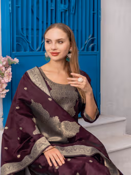 MF 111 Wine Chanderi Jacquard Salwar Suit with Zari Work. Best Price ₹1499. Wedding, Party, Festive, Events Delivery 4-6 Working Days. Shop now. | Jump Suits, Salwar suit, Casual Suits, Creative suits, Designer Suits, Palazzo Suits, Party Wear Suits, Patiala Suits, Straight Suits