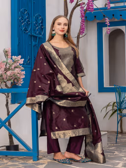 MF 111 Wine Chanderi Jacquard Salwar Suit with Zari Work. Best Price ₹1499. Wedding, Party, Festive, Events Delivery 4-6 Working Days. Shop now. | Jump Suits, Salwar suit, Casual Suits, Creative suits, Designer Suits, Palazzo Suits, Party Wear Suits, Patiala Suits, Straight Suits