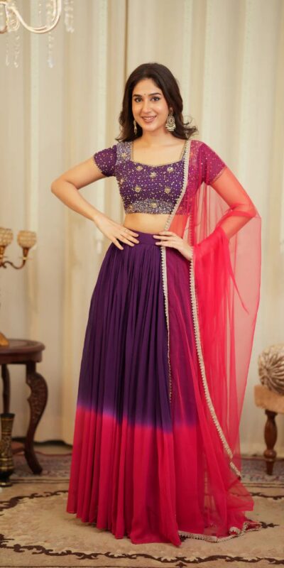 ₹2599 | FB L372 Wine Color Faux Georgette Lehenga Choli with Designer Work. Get it for ₹2599. Delivery 4-6 Working Days. Shop now. | Lehenga, Bollywood Lehenga, Creative Lehenga, Designer Lehenga, Embroidered Lehenga, Party Wear Lehenga