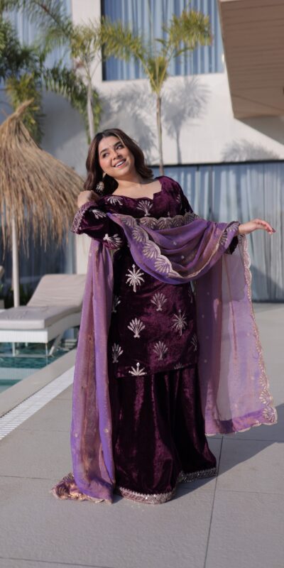 KA 1220 Wine Ice Velvet Salwar Suit with Embroidery Work & Zari Work. Exclusive Offer ₹2499. Delivery 4-6 Working Days. Shop now. | Jump Suits, Salwar suit, Casual Suits, Creative suits, Designer Suits, Palazzo Suits, Party Wear Suits, Patiala Suits, Straight Suits