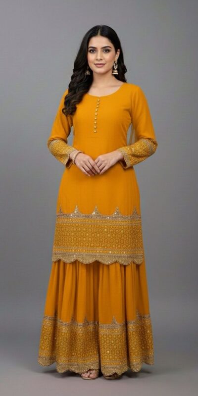 ₹2099 | ZF 250 Yellow Color Faux Georgette Embroidery Sequence Work Sharara Suit Wedding, Party, Festive, Events Etc. Expected Delivery 4-6 Working Days @2099/- | Jump Suits, Salwar suit, Casual Suits, Creative suits, Designer Suits, Palazzo Suits, Party Wear Suits, Patiala Suits, Straight Suits