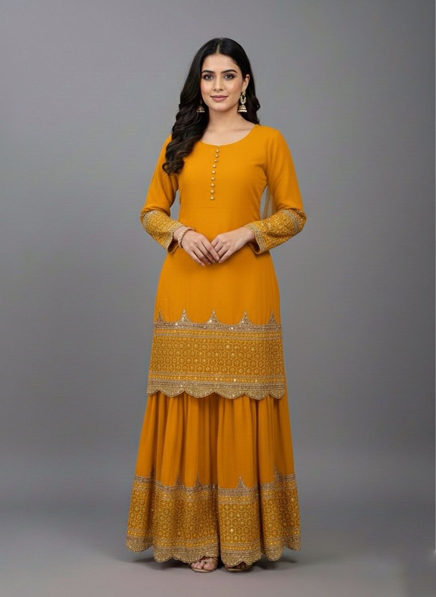 ₹2099 | ZF 250 Yellow Color Faux Georgette Embroidery Sequence Work Sharara Suit Wedding, Party, Festive, Events Etc. Expected Delivery 4-6 Working Days @2099/- | Jump Suits, Salwar suit, Casual Suits, Creative suits, Designer Suits, Palazzo Suits, Party Wear Suits, Patiala Suits, Straight Suits