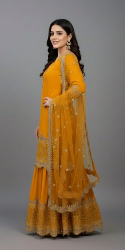 ₹2099 | ZF 250 Yellow Color Faux Georgette Embroidery Sequence Work Sharara Suit Wedding, Party, Festive, Events Etc. Expected Delivery 4-6 Working Days @2099/- | Jump Suits, Salwar suit, Casual Suits, Creative suits, Designer Suits, Palazzo Suits, Party Wear Suits, Patiala Suits, Straight Suits