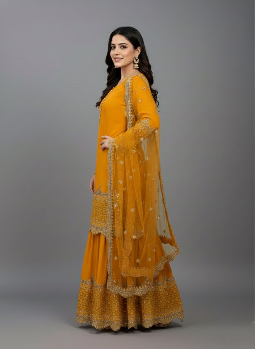 ₹2099 | ZF 250 Yellow Color Faux Georgette Embroidery Sequence Work Sharara Suit Wedding, Party, Festive, Events Etc. Expected Delivery 4-6 Working Days @2099/- | Jump Suits, Salwar suit, Casual Suits, Creative suits, Designer Suits, Palazzo Suits, Party Wear Suits, Patiala Suits, Straight Suits
