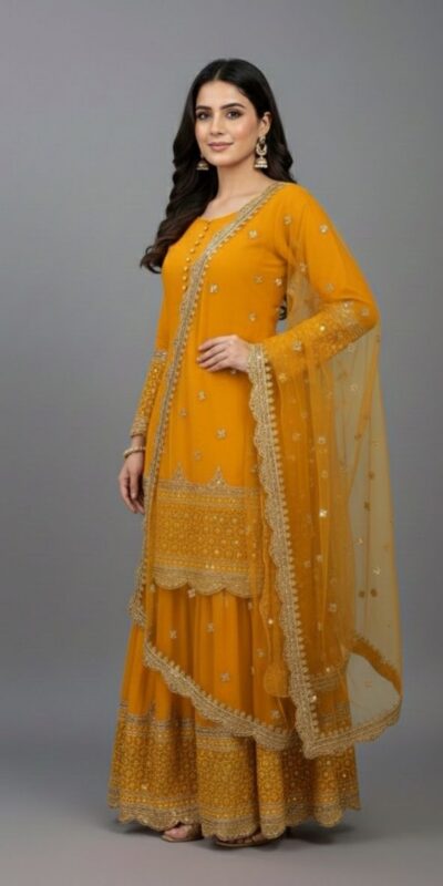 ₹2099 | ZF 250 Yellow Color Faux Georgette Embroidery Sequence Work Sharara Suit Wedding, Party, Festive, Events Etc. Expected Delivery 4-6 Working Days @2099/- | Jump Suits, Salwar suit, Casual Suits, Creative suits, Designer Suits, Palazzo Suits, Party Wear Suits, Patiala Suits, Straight Suits