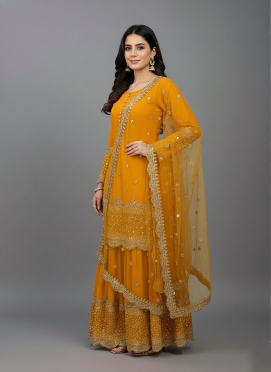 ₹2099 | ZF 250 Yellow Color Faux Georgette Embroidery Sequence Work Sharara Suit Wedding, Party, Festive, Events Etc. Expected Delivery 4-6 Working Days @2099/- | Jump Suits, Salwar suit, Casual Suits, Creative suits, Designer Suits, Palazzo Suits, Party Wear Suits, Patiala Suits, Straight Suits