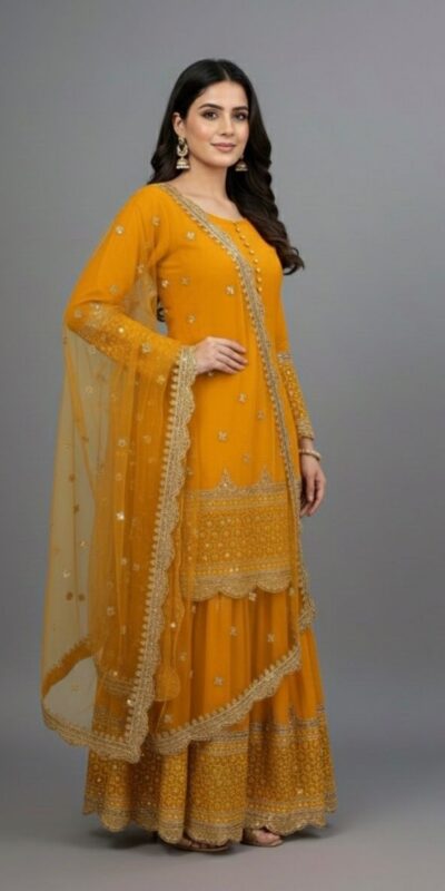 ₹2099 | ZF 250 Yellow Color Faux Georgette Embroidery Sequence Work Sharara Suit Wedding, Party, Festive, Events Etc. Expected Delivery 4-6 Working Days @2099/- | Jump Suits, Salwar suit, Casual Suits, Creative suits, Designer Suits, Palazzo Suits, Party Wear Suits, Patiala Suits, Straight Suits