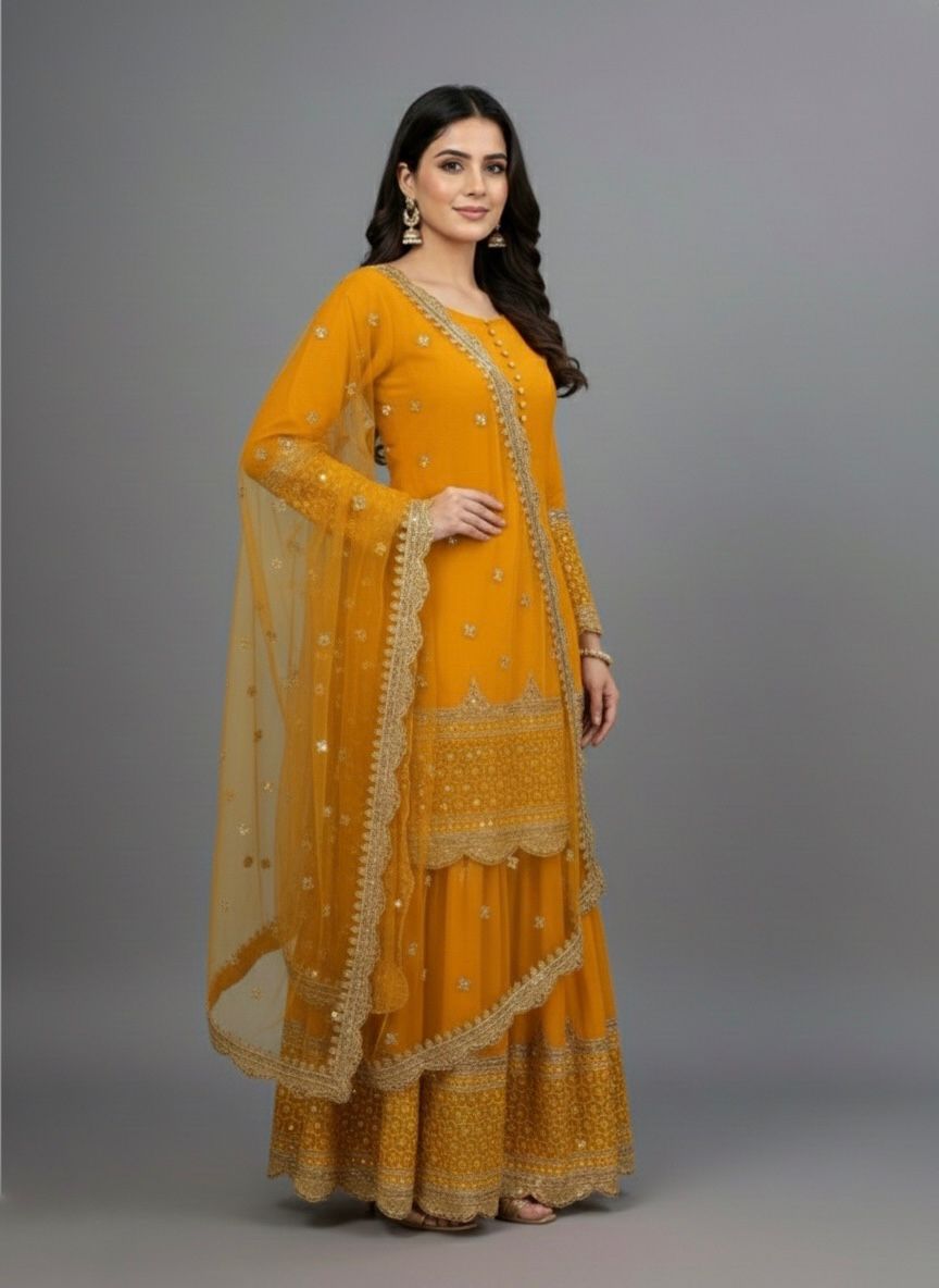₹2099 | ZF 250 Yellow Color Faux Georgette Embroidery Sequence Work Sharara Suit Wedding, Party, Festive, Events Etc. Expected Delivery 4-6 Working Days @2099/- | Jump Suits, Salwar suit, Casual Suits, Creative suits, Designer Suits, Palazzo Suits, Party Wear Suits, Patiala Suits, Straight Suits