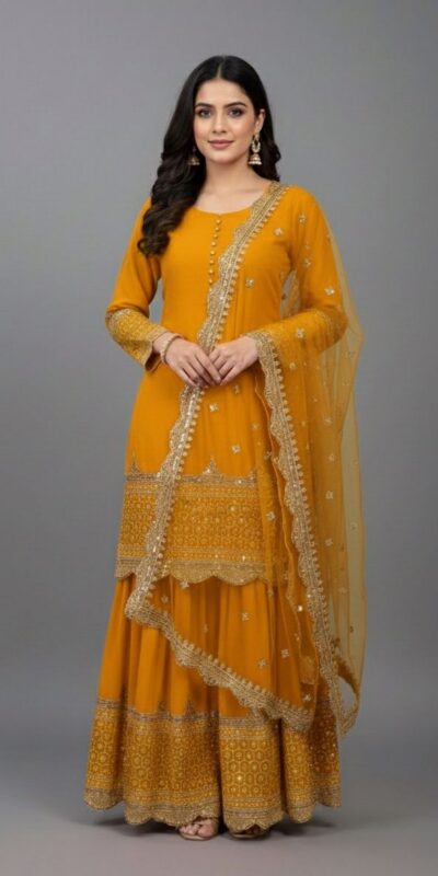 ₹2099 | ZF 250 Yellow Color Faux Georgette Embroidery Sequence Work Sharara Suit Wedding, Party, Festive, Events Etc. Expected Delivery 4-6 Working Days @2099/- | Jump Suits, Salwar suit, Casual Suits, Creative suits, Designer Suits, Palazzo Suits, Party Wear Suits, Patiala Suits, Straight Suits