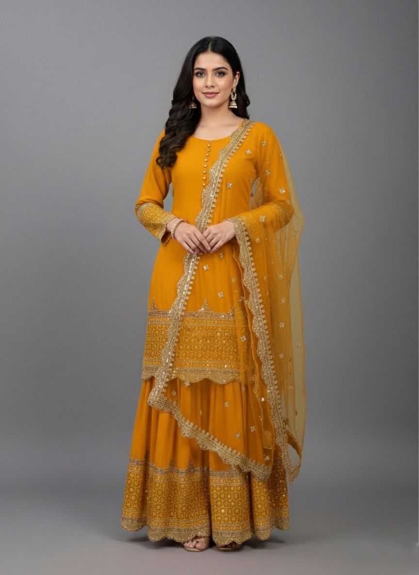₹2099 | ZF 250 Yellow Color Faux Georgette Embroidery Sequence Work Sharara Suit Wedding, Party, Festive, Events Etc. Expected Delivery 4-6 Working Days @2099/- | Jump Suits, Salwar suit, Casual Suits, Creative suits, Designer Suits, Palazzo Suits, Party Wear Suits, Patiala Suits, Straight Suits