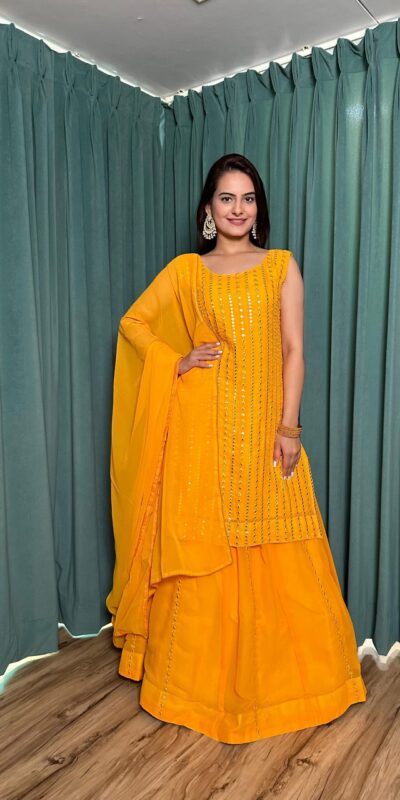 ₹2549 | FB L299 Yellow in Color Georgette Mirror Work Lehenga Choli e. Introductory Price ₹2549. Delivery 4-6 Working Days. Shop now. | Lehenga, Bollywood Lehenga, Creative Lehenga, Designer Lehenga, Embroidered Lehenga, Party Wear Lehenga