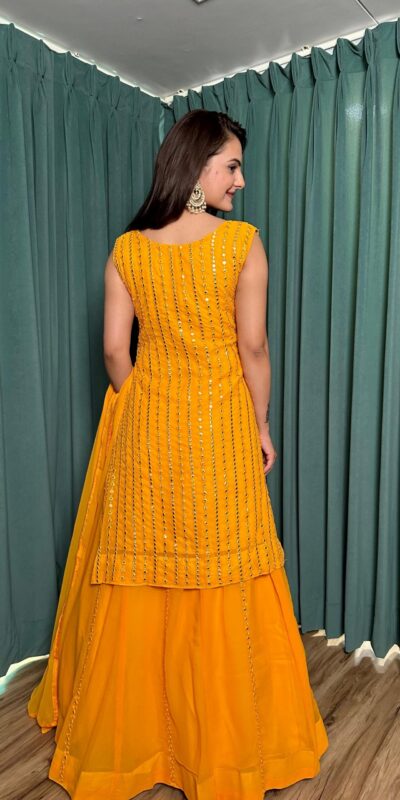 ₹2549 | FB L299 Yellow in Color Georgette Mirror Work Lehenga Choli e. Introductory Price ₹2549. Delivery 4-6 Working Days. Shop now. | Lehenga, Bollywood Lehenga, Creative Lehenga, Designer Lehenga, Embroidered Lehenga, Party Wear Lehenga