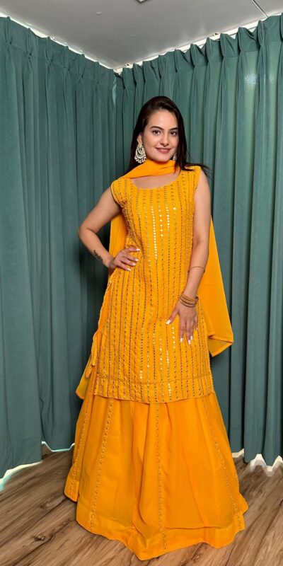 ₹2549 | FB L299 Yellow in Color Georgette Mirror Work Lehenga Choli e. Introductory Price ₹2549. Delivery 4-6 Working Days. Shop now. | Lehenga, Bollywood Lehenga, Creative Lehenga, Designer Lehenga, Embroidered Lehenga, Party Wear Lehenga