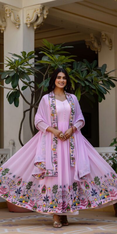 RR 41 Pink Faux Georgette Gown Perfect for Wedding, Party, Makar Sankranti, Karwa Chauth, Ethnic Day – . Now at just ₹2599. Delivery 4-6 Working D | Gowns, Bollywood Gowns, Creative Gowns, Designer Gowns, Embroidered Gowns, Party Wear Gowns