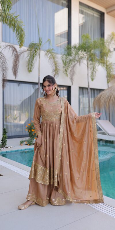 ₹2649 | KA 1233 Chiku Super Silk Salwar SuitPerfect for Wedding, Party, Sangeet, Family Gatherings, Reception – . Festive Deal ₹2649. Delivery 4-6 Working Da | Jump Suits, Salwar suit, Casual Suits, Creative suits, Designer Suits, Palazzo Suits, Party Wear Suits, Patiala Suits, Straight Suits