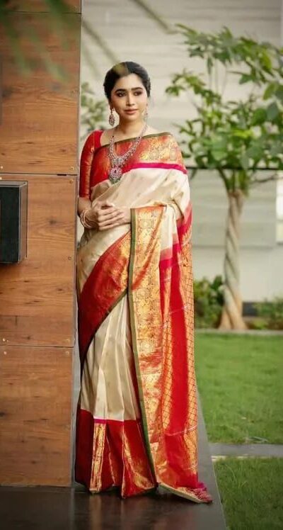 KPR 273 Off White Soft Lichi Silk Saree Perfect for Wedding, Party, Reception, Diwali, Ethnic Day – . Affordable Price ₹1449. Delivery 4-6 Working Days. | Sarees, Bollywood Sarees, Creative Sarees, Designer Sarees, Embroidered Sarees, Ethnic Saree, Modern Digital sarees, Party Wear Sarees