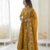 JF 038 Mustered Roman Silk Gown with Embroidery Work. Wedding, Party, Festive, Events, Navratri, Exclusive Offer ₹2149. Delivery 4-6 Working Days. Shop now. | Gowns, Bollywood Gowns, Creative Gowns, Designer Gowns, Embroidered Gowns, Party Wear Gowns