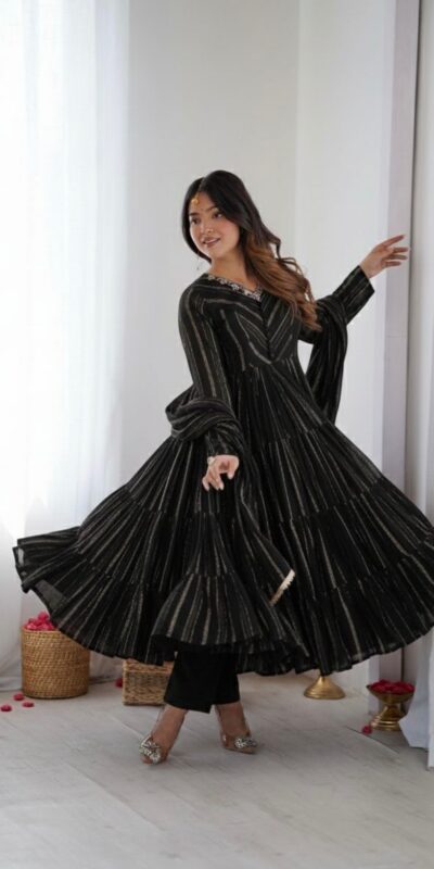 SRK 5305 Black Color Mal Chanderi Gown with Mirror Work & Lace Work. Grab it for ₹2399. Delivery 4-6 Working Days. Shop now. | Gowns, Bollywood Gowns, Creative Gowns, Designer Gowns, Embroidered Gowns, Party Wear Gowns