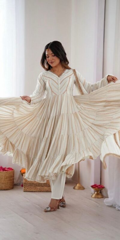 SRK 5305 White Color Mal Chanderi Gown with Mirror Work & Lace Work. Grab it for ₹2399. Delivery 4-6 Working Days. Shop now. | Gowns, Bollywood Gowns, Creative Gowns, Designer Gowns, Embroidered Gowns, Party Wear Gowns
