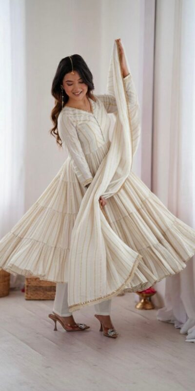 SRK 5305 White Color Mal Chanderi Gown with Mirror Work & Lace Work. Grab it for ₹2399. Delivery 4-6 Working Days. Shop now. | Gowns, Bollywood Gowns, Creative Gowns, Designer Gowns, Embroidered Gowns, Party Wear Gowns