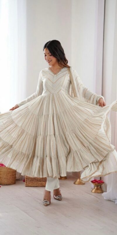 SRK 5305 White Color Mal Chanderi Gown with Mirror Work & Lace Work. Grab it for ₹2399. Delivery 4-6 Working Days. Shop now. | Gowns, Bollywood Gowns, Creative Gowns, Designer Gowns, Embroidered Gowns, Party Wear Gowns
