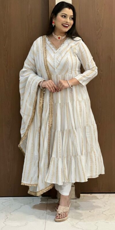 SRK 5305 White Color Mal Chanderi Gown with Mirror Work & Lace Work. Grab it for ₹2399. Delivery 4-6 Working Days. Shop now. | Gowns, Bollywood Gowns, Creative Gowns, Designer Gowns, Embroidered Gowns, Party Wear Gowns
