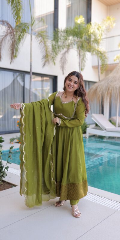 KA 1237 Mehendi Mul Chanderi Anarkali Suit with Embroidery Work & Mirror Work. Grab it for ₹2449. Delivery 4-6 Working Days. Shop now. | Anarkali Suits, Bollywood Anarkali, Creative-Anarkali, Designer Anarkali, Embroidered Anarkali, Party Wear Anarkali