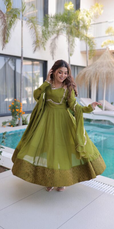 KA 1237 Mehendi Mul Chanderi Anarkali Suit with Embroidery Work & Mirror Work. Grab it for ₹2449. Delivery 4-6 Working Days. Shop now. | Anarkali Suits, Bollywood Anarkali, Creative-Anarkali, Designer Anarkali, Embroidered Anarkali, Party Wear Anarkali