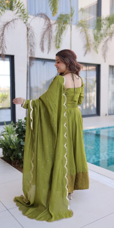 KA 1237 Mehendi Mul Chanderi Anarkali Suit with Embroidery Work & Mirror Work. Grab it for ₹2449. Delivery 4-6 Working Days. Shop now. | Anarkali Suits, Bollywood Anarkali, Creative-Anarkali, Designer Anarkali, Embroidered Anarkali, Party Wear Anarkali