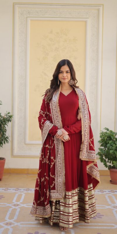 ₹3149 | KA 1082 Maroon Faux Blooming Gown with Embroidery Work & Zari Work. Available at ₹3149 only. Delivery 4-6 Working Days. Shop now. | Gowns, Bollywood Gowns, Creative Gowns, Designer Gowns, Embroidered Gowns, Party Wear Gowns