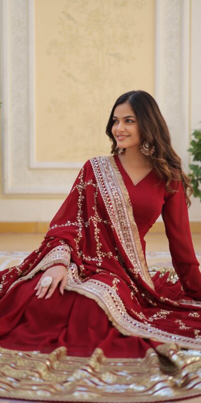 ₹3149 | KA 1082 Maroon Faux Blooming Gown with Embroidery Work & Zari Work. Available at ₹3149 only. Delivery 4-6 Working Days. Shop now. | Gowns, Bollywood Gowns, Creative Gowns, Designer Gowns, Embroidered Gowns, Party Wear Gowns