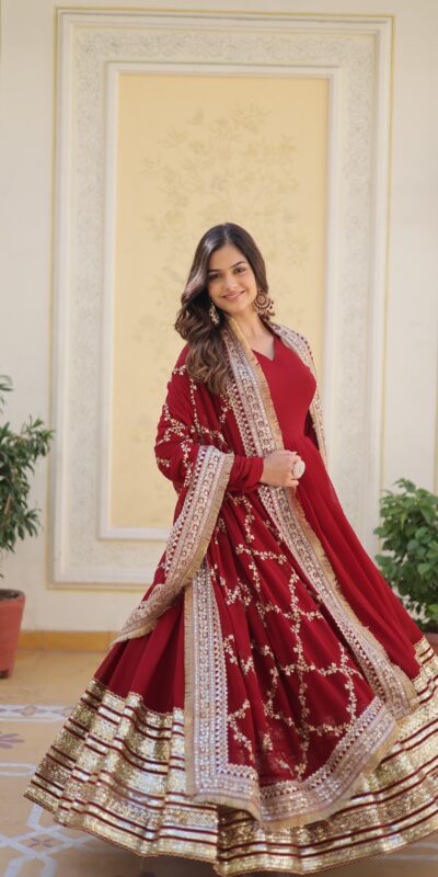 ₹3149 | KA 1082 Maroon Faux Blooming Gown with Embroidery Work & Zari Work. Available at ₹3149 only. Delivery 4-6 Working Days. Shop now. | Gowns, Bollywood Gowns, Creative Gowns, Designer Gowns, Embroidered Gowns, Party Wear Gowns