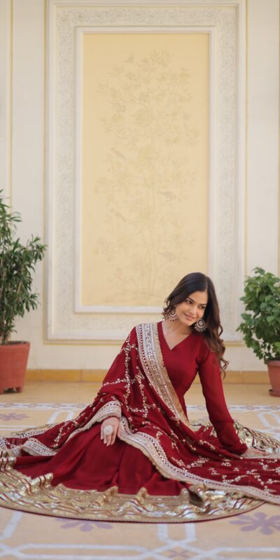 ₹3149 | KA 1082 Maroon Faux Blooming Gown with Embroidery Work & Zari Work. Available at ₹3149 only. Delivery 4-6 Working Days. Shop now. | Gowns, Bollywood Gowns, Creative Gowns, Designer Gowns, Embroidered Gowns, Party Wear Gowns