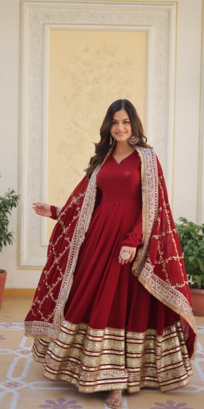 ₹3149 | KA 1082 Maroon Faux Blooming Gown with Embroidery Work & Zari Work. Available at ₹3149 only. Delivery 4-6 Working Days. Shop now. | Gowns, Bollywood Gowns, Creative Gowns, Designer Gowns, Embroidered Gowns, Party Wear Gowns