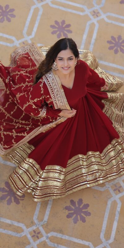 ₹3149 | KA 1082 Maroon Faux Blooming Gown with Embroidery Work & Zari Work. Available at ₹3149 only. Delivery 4-6 Working Days. Shop now. | Gowns, Bollywood Gowns, Creative Gowns, Designer Gowns, Embroidered Gowns, Party Wear Gowns