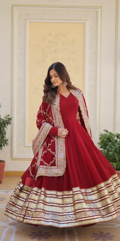 ₹3149 | KA 1082 Maroon Faux Blooming Gown with Embroidery Work & Zari Work. Available at ₹3149 only. Delivery 4-6 Working Days. Shop now. | Gowns, Bollywood Gowns, Creative Gowns, Designer Gowns, Embroidered Gowns, Party Wear Gowns