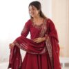 ZF 5016 Maroon Roman Silk Gown with Embroidery Work. Wedding, Party, Festive, Events, Navratri, Exclusive Offer ₹2499. Delivery 4-6 Working Days. Shop now. | Gowns, Bollywood Gowns, Creative Gowns, Designer Gowns, Embroidered Gowns, Party Wear Gowns