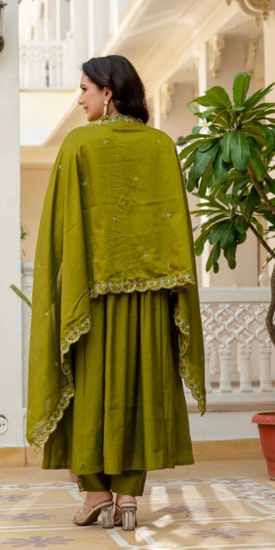 ₹2049 | DIVA 126 Mehendi Viscose Roman Silk Anarkali Suit with Mirror Work & Embroidery Work. Affordable Price ₹2049. Delivery 4-6 Working Days. Shop now. | Anarkali Suits, Bollywood Anarkali, Creative-Anarkali, Designer Anarkali, Embroidered Anarkali, Party Wear Anarkali