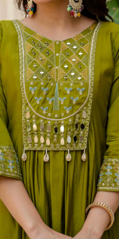 ₹2049 | DIVA 126 Mehendi Viscose Roman Silk Anarkali Suit with Mirror Work & Embroidery Work. Affordable Price ₹2049. Delivery 4-6 Working Days. Shop now. | Anarkali Suits, Bollywood Anarkali, Creative-Anarkali, Designer Anarkali, Embroidered Anarkali, Party Wear Anarkali